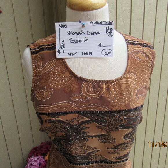 #460  WOMAN'S LONG BROWN SHEATH DRESS BY MICHEAL TAYLOR  (SIZE 16) - Picture 3 of 4